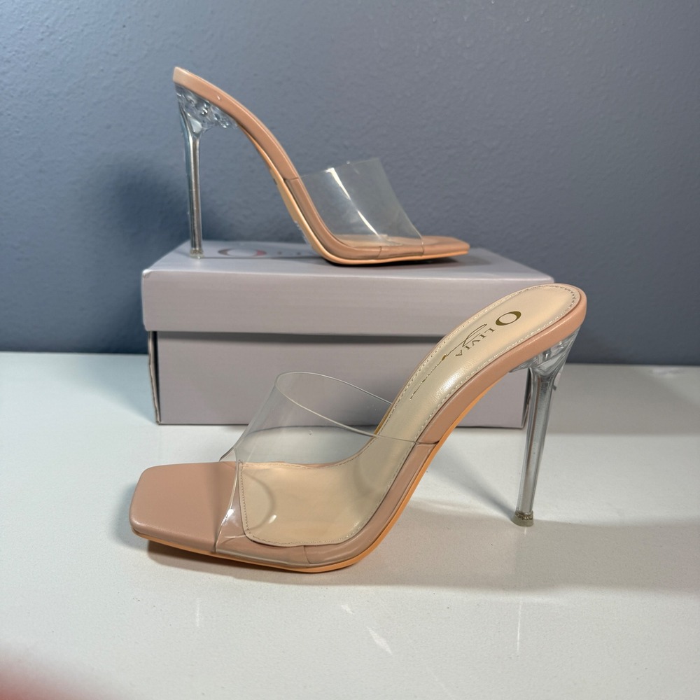 Olivia Jaymes Stiletto Mules Womens 5.5 Nude Clear Square Toe JJ-CRAISIN